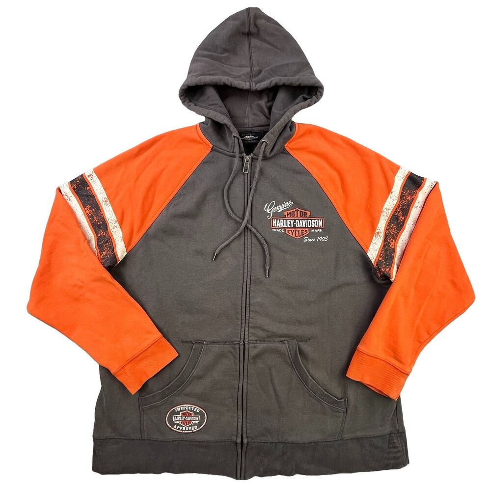 Harley Davidson Hoodie Men's XL Gray Orange Full Zip Jacket Motorcycle Bike